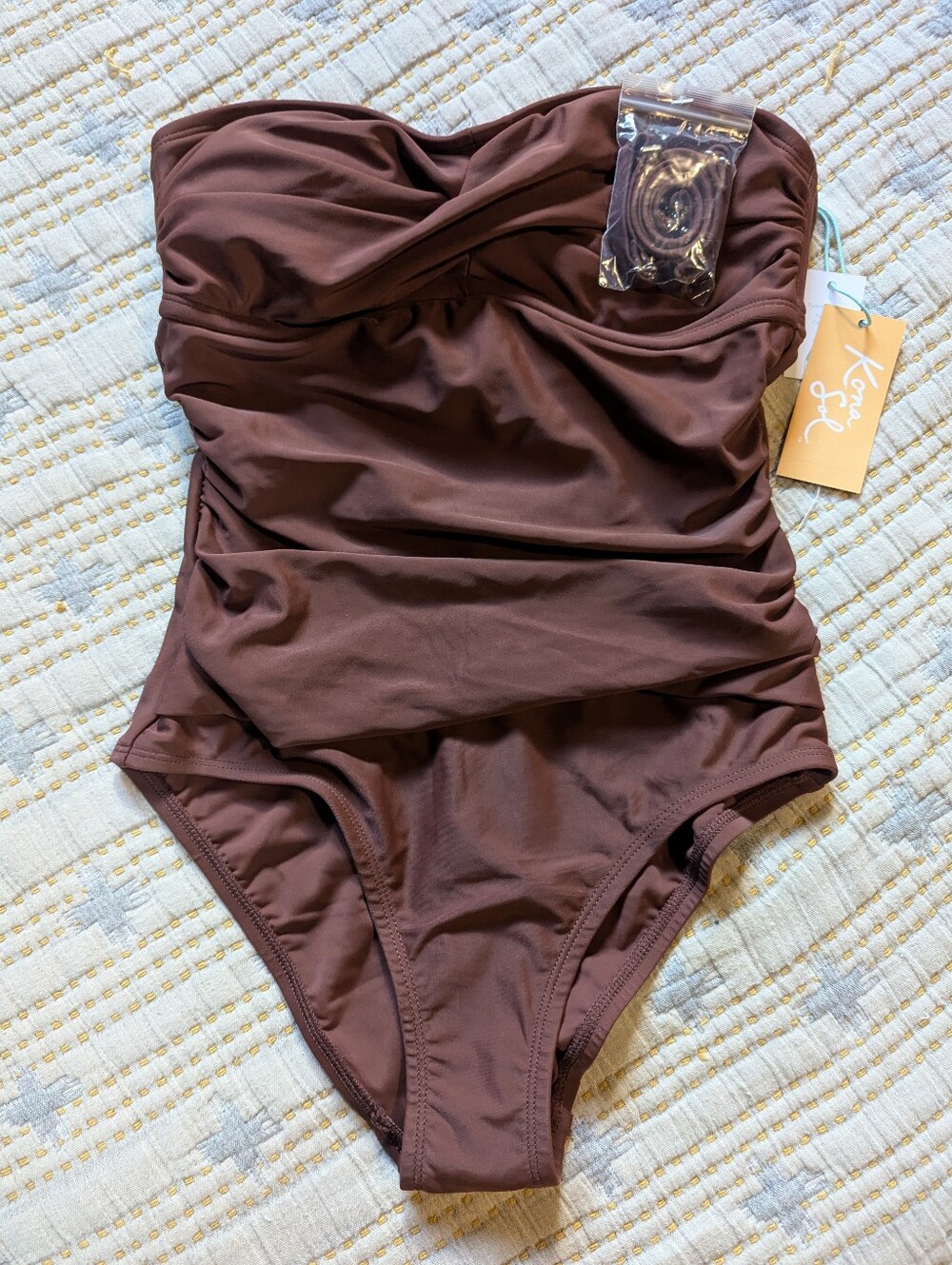 Kona Sol NWT Strapless Ruched One-Piece Swimsuit - Chocolate Brown XS